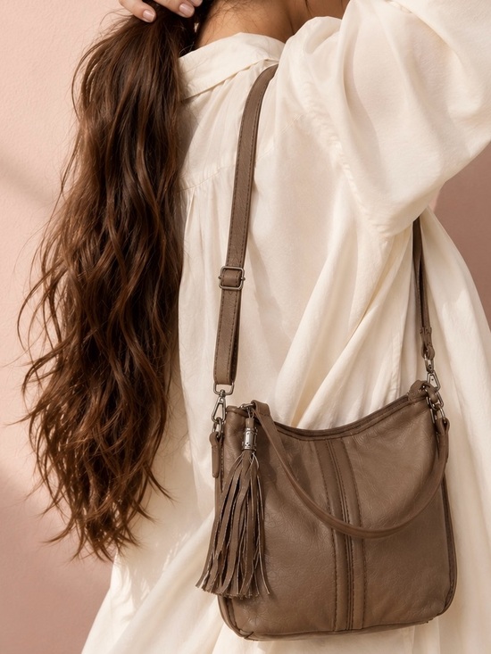 Danier Handbags - Danier Taupe/Brown Leather Shoulder Bag with Tassel